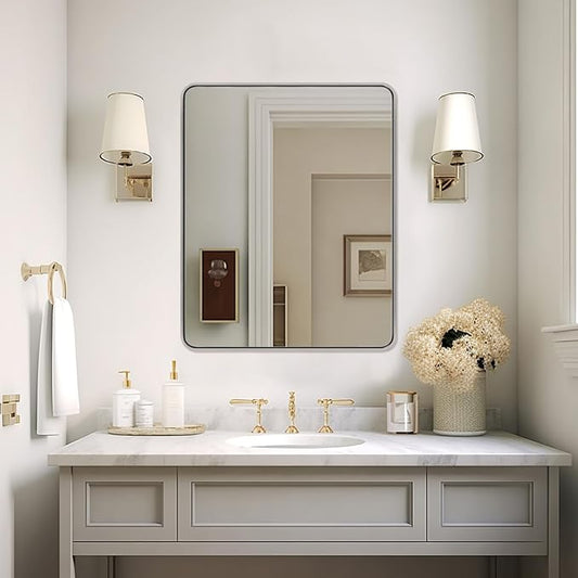 ANDY STAR 40x32 Inch Chrome Mirror for Bathroom, Chrome Bathroom Vanity Mirror, Rounded Rectangle Mirror, Anti-Rust SUS304, Seamless Tube Metal Frame, 1’’ Deep Wall Mounted Vertically/Horizontal
