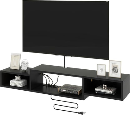 IBUYKE 59" Floating TV Stand Wall Mounted with Power Outlet,Wood Wall Mounted Media Console Shelf,Floating Entertainment Center for Under TV Storage for Living Room Bedroom Office,Black WST007B