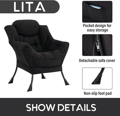LITA Lazy Chair with Ottoman, Modern Accent Leisure Upholstered Sofa, Contemporary Lounge Reading Chair with Armrests and a Side Pocket for Living Room, Bedroom & Small Space, Single Black