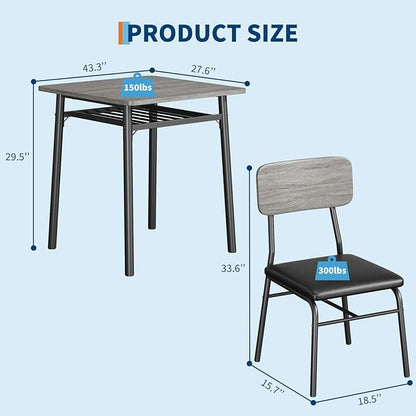 IDEALHOUSE 3-Piece Dining Table Set for 2 with Storage Rack, Wood Kitchen Table with Upholstered Chairs Set of 2, Small Square Table Set with Metal Legs Support, for Dining Room,Living Room