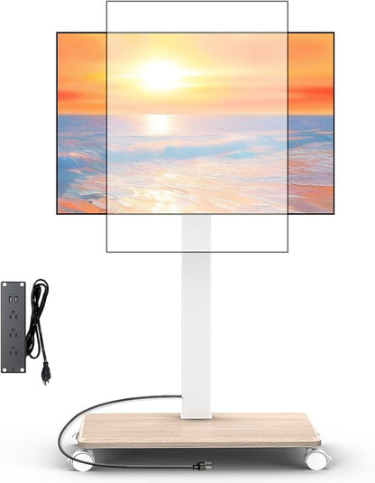 Rolling TV Stand with Power Outlet, Swivel Mobile Portable TV Cart for 32-75 Inch TVs up to 110 lbs, Landscape to Portrait, Height Adjustable Outdoor TV Stand with Wheels, Max VESA 600x400mm