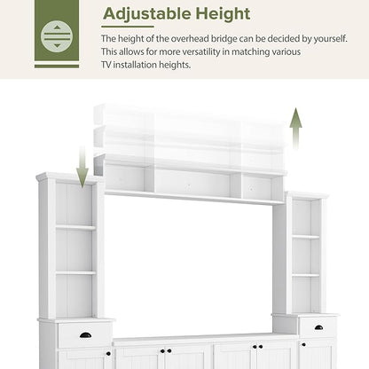 Merax Modern TV Stand Set w/Adjustable Bridge, Storage Media Console & Wall Units - Minimalist Entertainment Center for Living Room, White