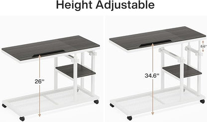 Tribesigns Height Adjustable C Table with Wheels, Mobile Couch Snack Side Table with Tiltable Drawing Board, Sofa Bedside Laptop Stand C Shaped TV Tray with Storage Shelves (Grey+White)