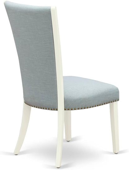 East West Furniture V097VE215-9 9 Piece Dining Set Includes a Rectangle Dining Room Table with V-Legs and 8 Baby Blue Linen Fabric Upholstered Parson Chairs, 40x72 Inch, Multi-Color