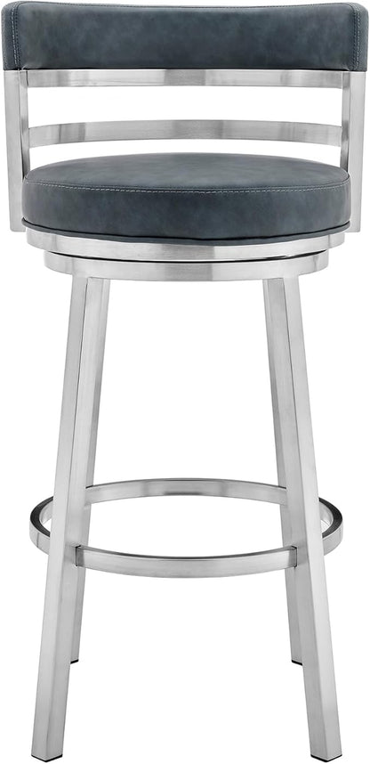 Armen Living Madrid 26" Seat Height Swivel Modern Blue Faux Leather and Brushed Stainless Steel Bar Stool for Kitchen Island Counter