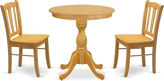 East West Furniture ESDL3-OAK-W 3 Piece Kitchen Table Set for Small Spaces Contains a Round Dining Room Table with Pedestal and 2 Solid Wood Seat Chairs, 30x30 Inch, Oak