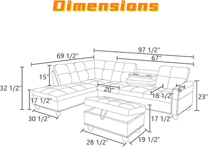 L Shaped Sectional Couch with Otttoman, 97" Leather Sectional Sofa for Living Room Modular Couches with Cup Holders for Bedroom, Apartments, Grey