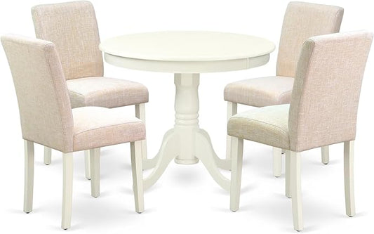 East West Furniture ANAB5-LWH-02 5 Piece Dining Table Set for 4 Includes a Round Kitchen Table with Pedestal and 4 Light Beige Linen Fabric Upholstered Chairs, 36x36 Inch, Linen White