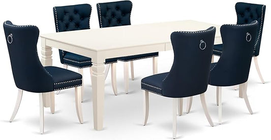 East West Furniture LGDA7-LWH-29 7 Piece Dining Room Set Includes a Rectangle Wooden Table with Butterfly Leaf and 6 Polyester Fabric Padded Chairs, 42x84 Inch, linen white