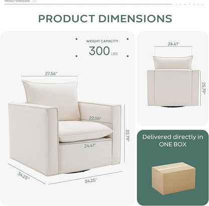 COLAMY Swivel Accent Chair, 34 Inches Upholstered Arm Chair with Plump Back Pillow, Modern Sofa Living Room Chair for Bedroom, Corner, Reading Beige