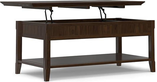 SIMPLIHOME Acadian Lift Top Coffee Table - 48 inch Wide Solid Wood Transitional Pop-up Cocktail Table in Brunette Brown, Classic Living Room Table with Lift-up Storage Compartment and Open Shelf