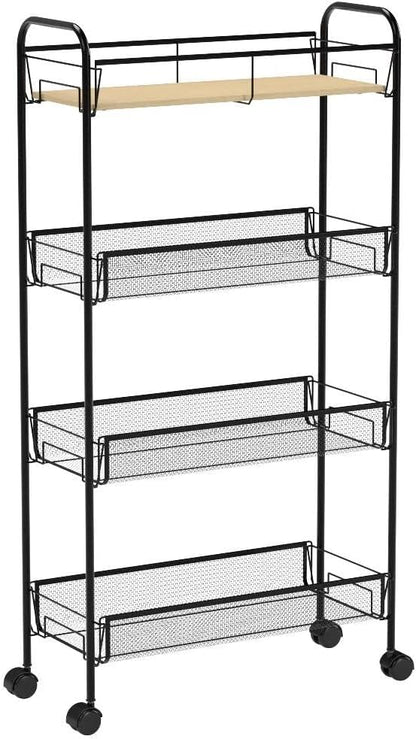 KINGRACK 4-Tier Slim Rolling Cart,Metal Utility Cart,Slide Out Storage Cart with Wooden Tabletop and Mesh Baskets for Narrow Space on Kitchen Bathroom Laundry Room Bedroom Apartments Dormitory, Black