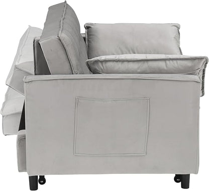 Ball & Cast Velvet Futon Sofa Couch with Pull-Out Bed,3 in 1 Convertible Sleeper Sofa Bed,Convertible Pull Out Couches W/2 Pillows,Adjustable Backrest & Side Pocket,for Living Room,Apartment,Gray,55"