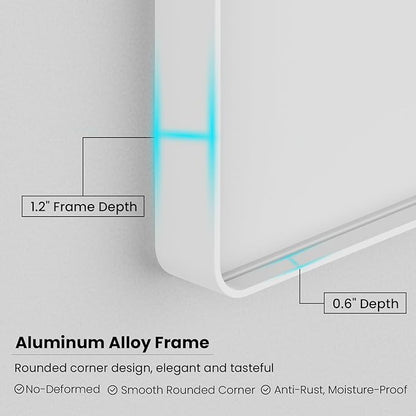 White Bathroom Mirror 48x30 Inch, White Metal Framed Bathroom Mirror for Wall, Rounded Rectangle Matte Bathroom Vanity Mirror, Tempered Glass, Anti-Rust, Horizontal/Vertical