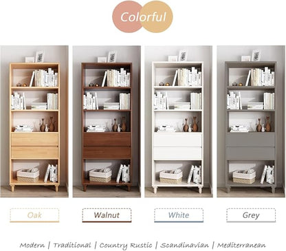 IOTXY Oak Mid-Century Bookcase with Legs - 67" Tall Open Shelves Cube Billy Bookshelf with Double Drawers for Home and Office