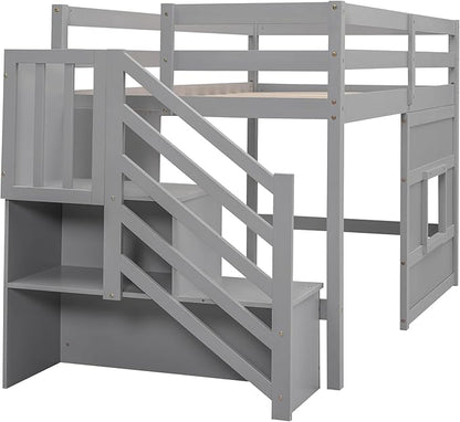 Twin Size Loft Bed with Storage Staircase and Window,Wood Twin Loft Bunk Bedframe with Full-Length Guardrail and Sturdy Slat Support, No Noise,No Box Spring Needed,for Kids,Teens,Boys,Girls,Gray