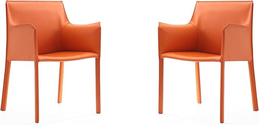 Manhattan Comfort Paris Modern Saddle Leather Dining Chairs, Metal Frame, Comfortable Padded Seat, Fully Assembled Armchair Accent Furniture, Set of 2, Coral