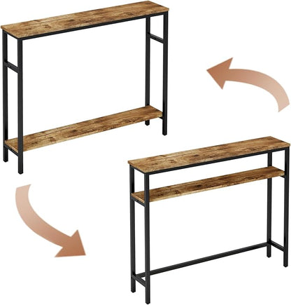 Narrow Console Table, 39.4” Sofa Table with Adjustable Shelf, 2-Tier Long Skinny Table for Hallway, Entryway, Living Room, Foyer, Rustic Brown