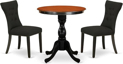 East West Furniture ESGA3-BCH-24 3 Piece Kitchen Table Set for Small Spaces Contains a Round Dining Room Table with Pedestal and 2 Black Linen Fabric Padded Chairs, 30x30 Inch, Black & Cherry