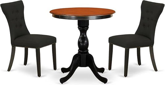 East West Furniture ESGA3-BCH-24 3 Piece Kitchen Table Set for Small Spaces Contains a Round Dining Room Table with Pedestal and 2 Black Linen Fabric Padded Chairs, 30x30 Inch, Black & Cherry