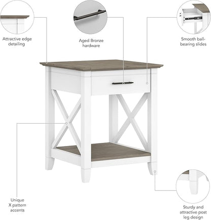 Bush Furniture Key West Small End Table with Storage | Modern Farmhouse Accent Shelf for Living Room in Pure White and Shiplap Gray