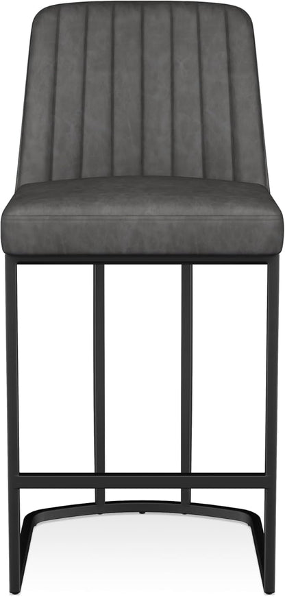 Bar Stools Set of 2, Faux Leather Counter Height Barstools, Upholstered Kitchen Counter Stools with Back and Stitching, 25.6" H Kitchen Island Stools Bar Chair, Metal Framed, Black Grey