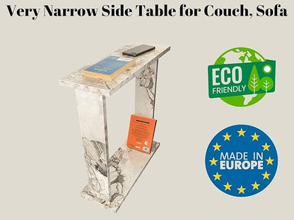 Very Narrow Side Table for Living Room, Small Apartment Space Between Chairs Skinny Table for Recliner, Couch, Armchair, Thin Slim End Table for Living Room, Bedroom, Beverages (White Marble)