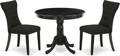 East West Furniture ANGA3-ABK-24 3 Piece Dinette Set for Small Spaces Contains a Round Kitchen Table with Pedestal and 2 Black Linen Fabric Parson Dining Chairs, 36x36 Inch, Wirebrushed Black