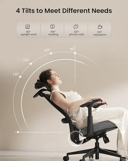 ProtoArc Ergonomic Office Chair – EC200 High-Back Mesh Computer Chair with Lumbar Support, 3D Adjustable Headrest & Sliding Seat for 8+ Hour Comfort, Big & Tall Home Office Desk Chairs - Gray
