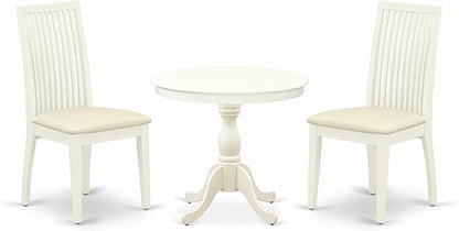 East West Furniture AMIP3-LWH-C 3 Piece Dining Set Contains a Round Dining Room Table with Pedestal and 2 Linen Fabric Upholstered Chairs, 36x36 Inch, Linen White