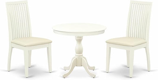 East West Furniture AMIP3-LWH-C 3 Piece Dining Set Contains a Round Dining Room Table with Pedestal and 2 Linen Fabric Upholstered Chairs, 36x36 Inch, Linen White