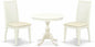East West Furniture AMIP3-LWH-C 3 Piece Dining Set Contains a Round Dining Room Table with Pedestal and 2 Linen Fabric Upholstered Chairs, 36x36 Inch, Linen White