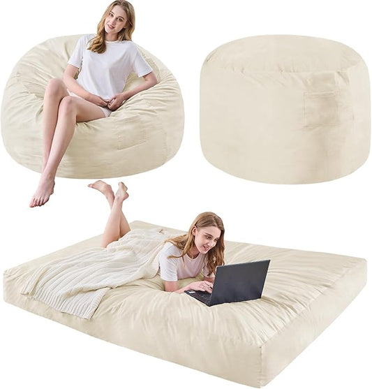 Bean Bag Chairs for Adults - Giant Bean Bag Chair Convertible Bean Bag Bed - Beanbag Chair with Micro Fiber Cover/Furniture Foam Filler - Floor Couch Sofa in Bedroom Dorm Room - Queen Beige
