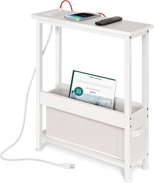 Slim Charging End Table with Storage - for Small Spaces and Bedroom (White)