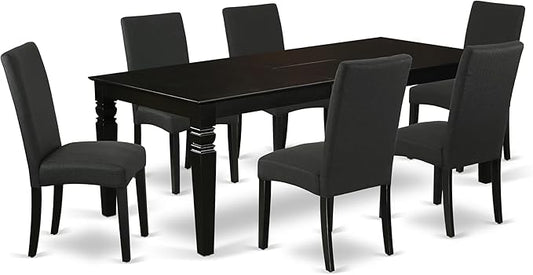 East West Furniture LGDR7-BLK-24 7 Piece Dining Table Set Consist of a Rectangle Dinner Table with Butterfly Leaf and 6 Black Color Linen Fabric Parson Chairs, 42x84 Inch, Black