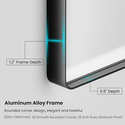 48X30 Inch Black Bathroom Mirror, Black Metal Framed Mirror for Wall, Rounded Rectangle Matte Bathroom Vanity Mirror with Tempered Glass, Anti-Rust, Horizontal/Vertical