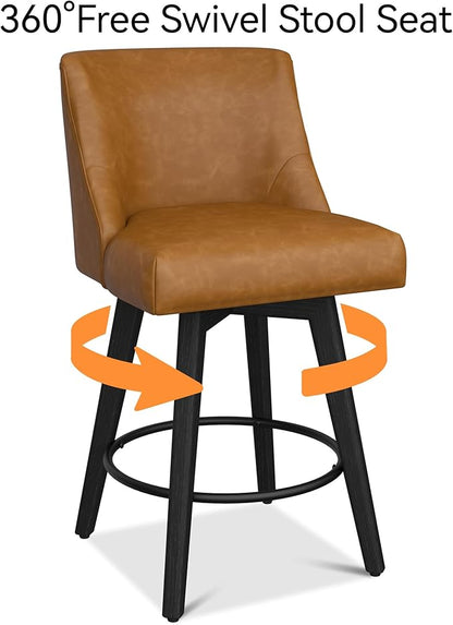 Counter Height Bar Stools Set of 4, Modern Swivel Barstools with Back and Wood Legs, Faux Leather Upholstered Bar Chairs, 26" H Kitchen Counter Stools, Kitchen Island Home Bar, Whisky Brown