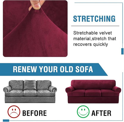 H.VERSAILTEX Sofa Cover 4 Piece T Cushion Sofa Slipcovers Thick Velvet Couch Cover Furniture Protector Stretch T Cushion Sofa Covers for 3 Cushion Couch with 3 Individual T Cushion Covers, Burgundy