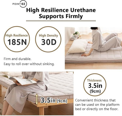 EMOOR Japanese Padded Futon Mattress Machi Full Gray, Gusset Foldable Storable Elastic Bands Floor Sleeping Guest Bed Tatami Mat