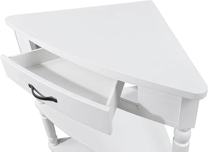 GDFStudio Trmxmbi 3 Tier Corner Console Table with 1 Storage Drawers and Shelves, 33.8'' Rustic Wood Triangle Sofa End Table for Small Spaces, Solid Wood Legs, Milk White