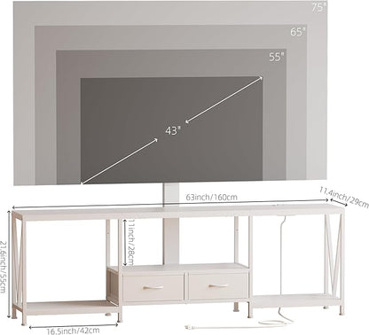 63" W TV Stand with Mount for 55,65,75" TV,Entertainment Center with Power Outlet and Led Lights,Height Adjustable TV Console Table with Open Storage Shelves and Fabric Drawers (White, 63" W)