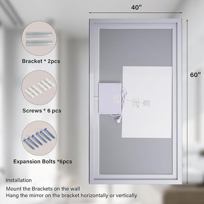 40"x 60"LED Bathroom Mirror, Backlit + Front Lit, LED Bathroom Mirror with Lights for Wall, 3 Colors, Anti-Fog, Dimmable Brightness, Memory Function, Tempered Glass