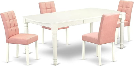East West Furniture DOAS5-LWH-42 5 Piece Dining Table Set Includes A Kitchen Table and 4 Beige Red Polyester Fabric Dinner Chairs with Stylish Back- Linen White Finish
