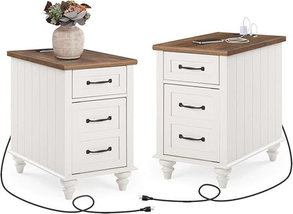 WAMPAT 2 Pack Off White End Table with Charging Station, Wood Side Sofa Table with Drawer and Storage Cabinet, Modern Nightstand with Power Outlets & USB Ports for Living Room, Bedroom