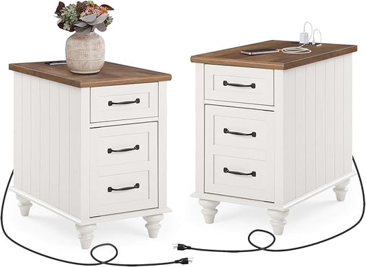 WAMPAT 2 Pack Off White End Table with Charging Station, Wood Side Sofa Table with Drawer and Storage Cabinet, Modern Nightstand with Power Outlets & USB Ports for Living Room, Bedroom