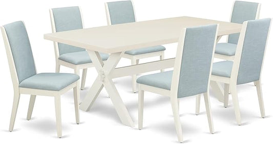East West Furniture X027LA015-7 7 Piece Dining Room Furniture Set Consist of a Rectangle Dining Table with X-Legs and 6 Baby Blue Linen Fabric Parsons Chairs, 40x72 Inch, Multi-Color
