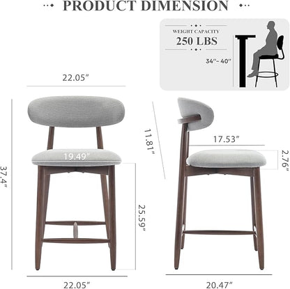 COLAMY Bar Stools Set of 2, Counter Height Bar Stools, Upholstered Counter Stools with Wood Legs for Kitchen Island Dining Room Bar, Light Grey