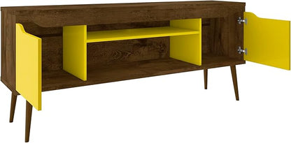 Manhattan Comfort Bradley Mid Century Modern TV Stand for Televisions up to 60 Inches, Living Room Entertainment Center with Storage, Media Shelves and Soft Close Doors, Rustic Brown/Yellow