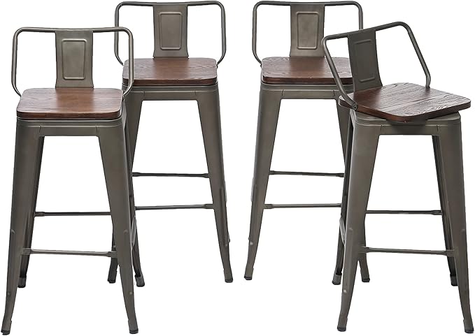 24 Inch Swivel Bar Stools Set of 4 with Backs Counter Height Industrial Metal Barstools Island Bar Chairs for Home Kitchen Dining Room (Swivel 24 inch,Rusty Wooden)