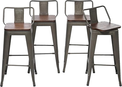 26 Inch Swivel Bar Stools Set of 4 with Backs Counter Height Industrial Metal Barstools Island Bar Chairs for Home Kitchen Dining Room (Swivel 26 inch,Rusty Wooden)